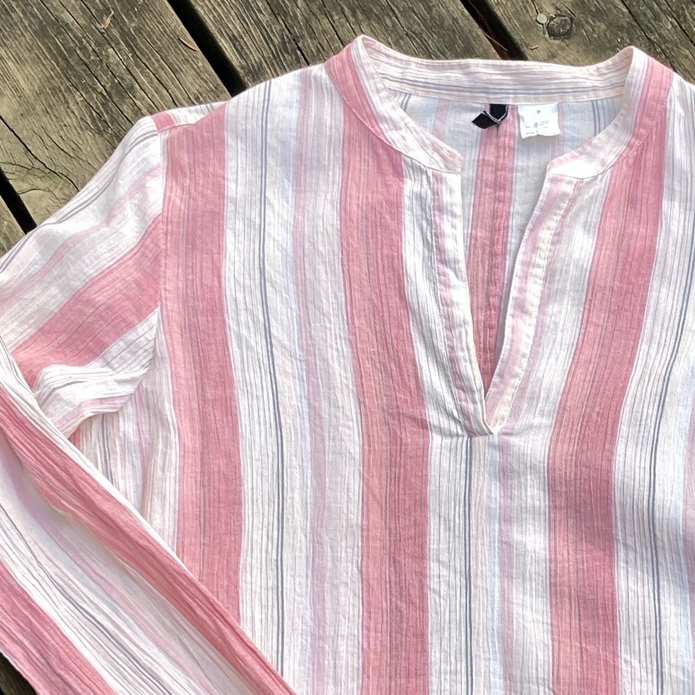 J. CREW Top Tunic Long Sleeves Pink Cream Stripes Cotton Rayon Size Medium